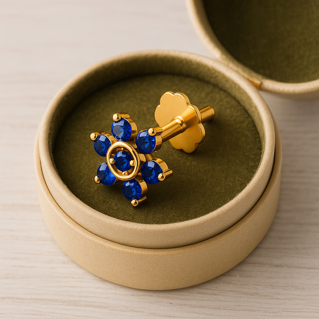 Floral Blue CZ Nose Pin 925 Sterling Silver Yellow Plated