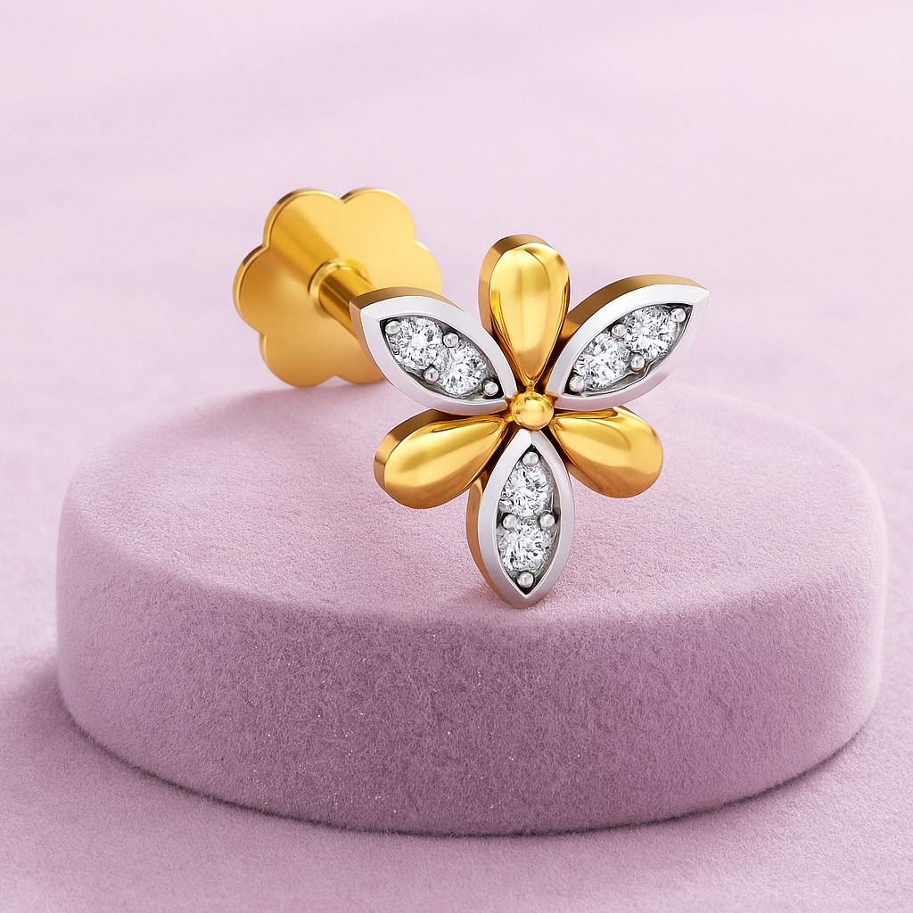 Dual-Tone Floral White CZ Nose Pin 925 Sterling Silver Yellow Plated