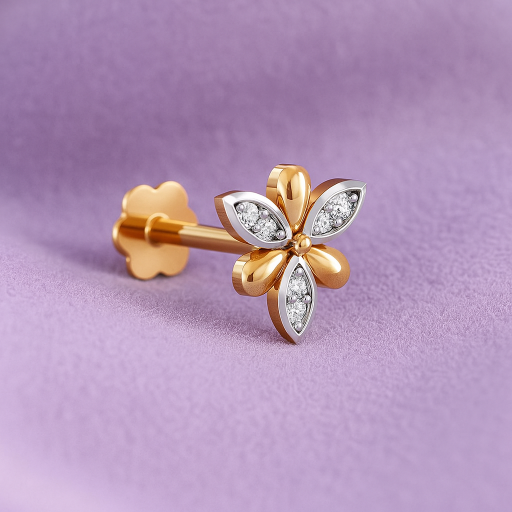 Dual-Tone Floral White CZ Nose Pin 925 Sterling Silver Yellow Plated