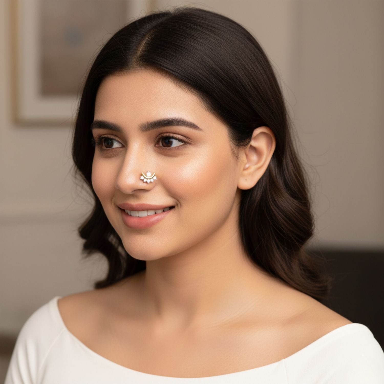 Crescent White CZ Nose Pin 925 Sterling Silver Yellow Plated