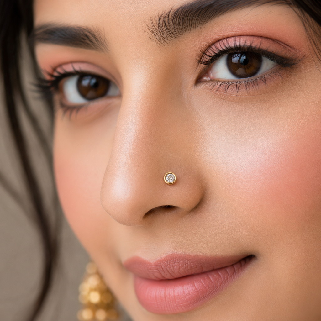 Minimal Bezel White CZ Nose Pin 925 Sterling Silver Yellow Plated