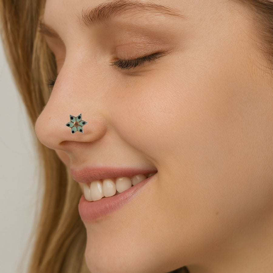 Mint Green and Black Enamel Six-Point Star Nose Pin – 925 Sterling Silver