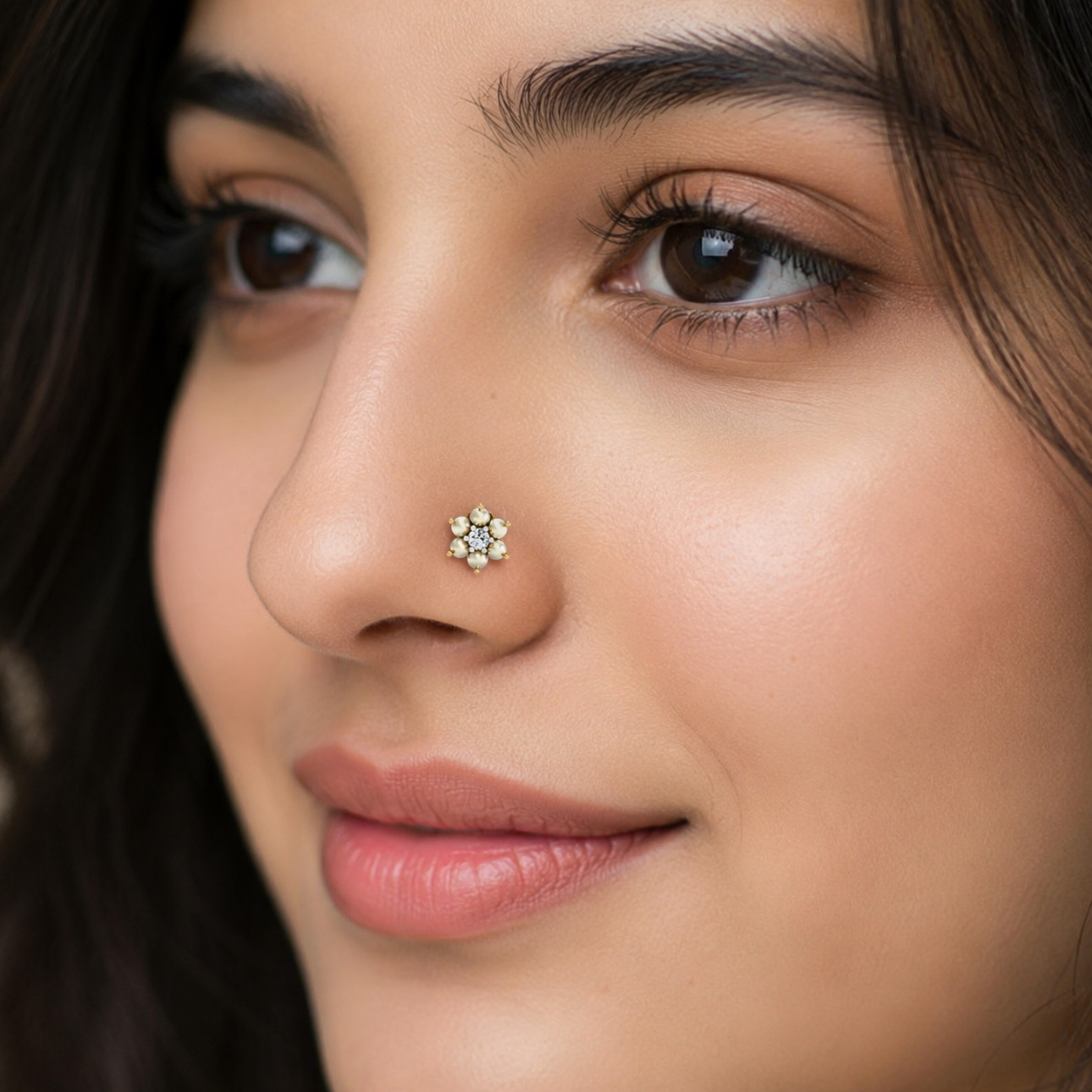 Pearl Floral Nose Pin 925 Sterling Silver Yellow Plated