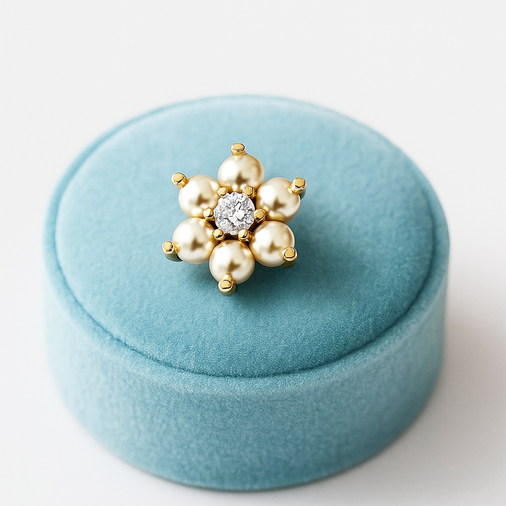 Pearl Floral Nose Pin 925 Sterling Silver Yellow Plated