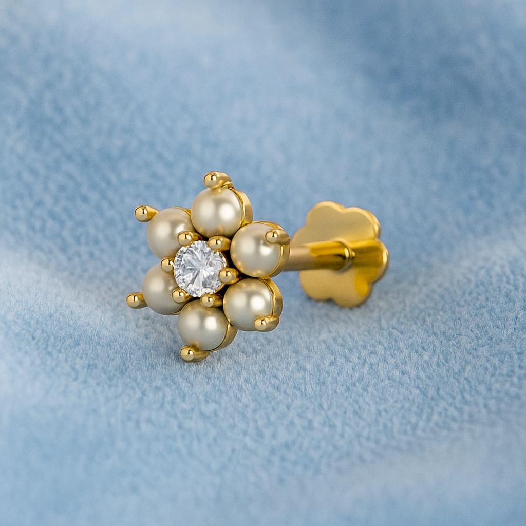 Pearl Floral Nose Pin 925 Sterling Silver Yellow Plated