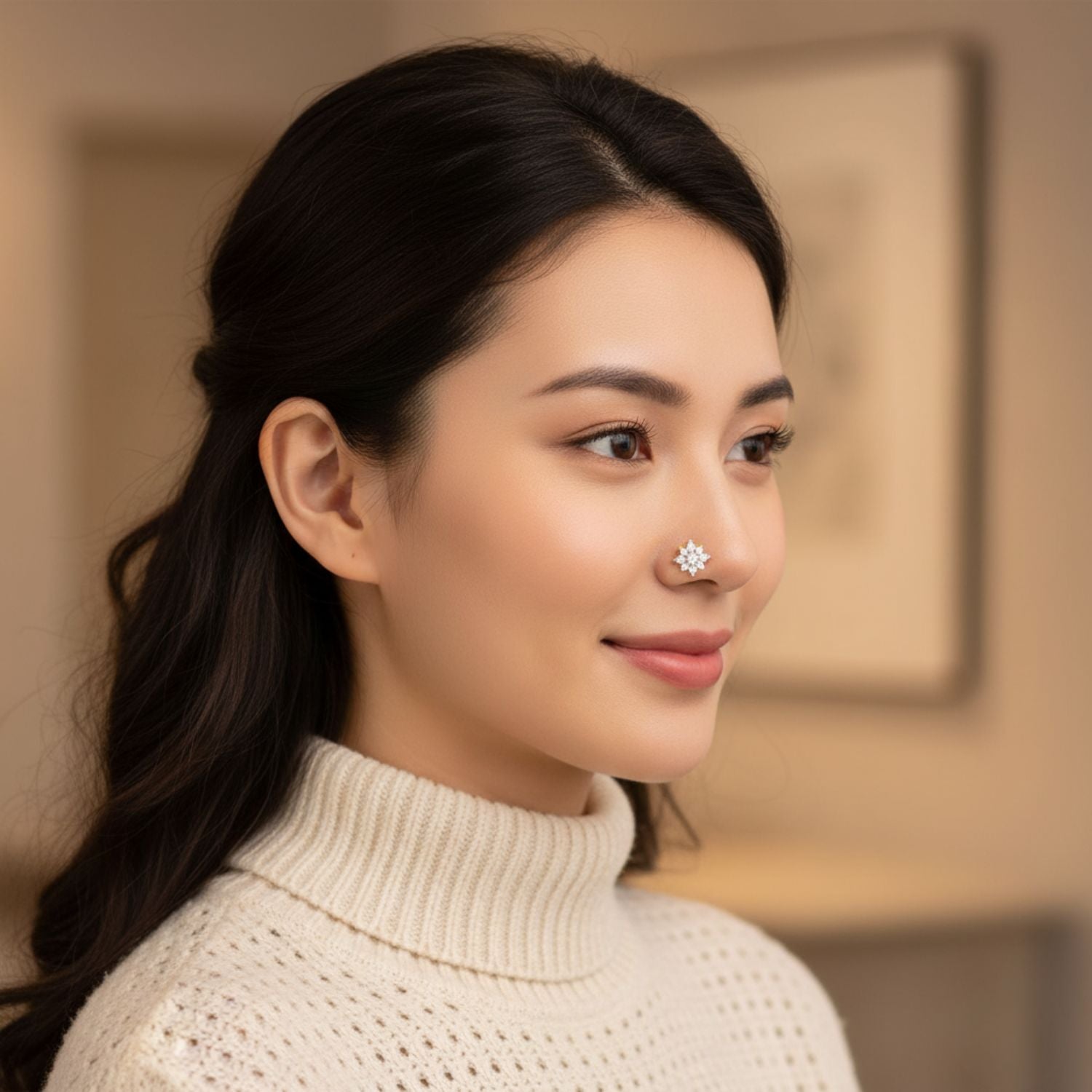 White CZ Floral Nose Pin 925 Sterling Silver Yellow Plated