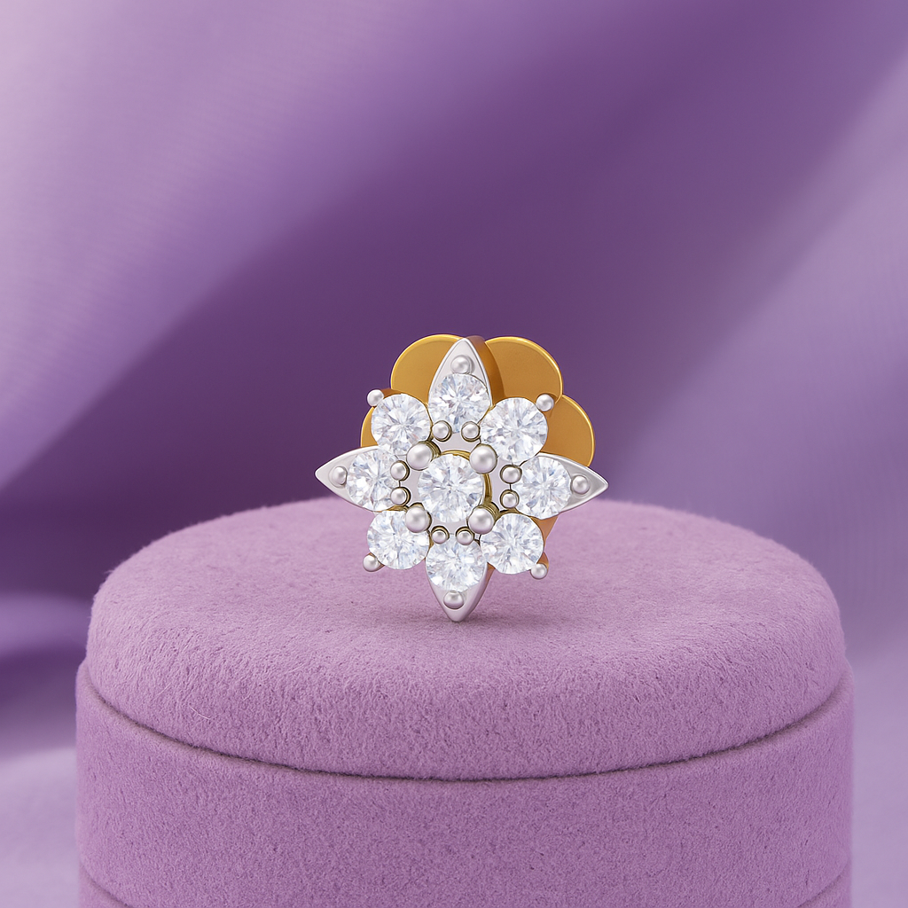 White CZ Floral Nose Pin 925 Sterling Silver Yellow Plated