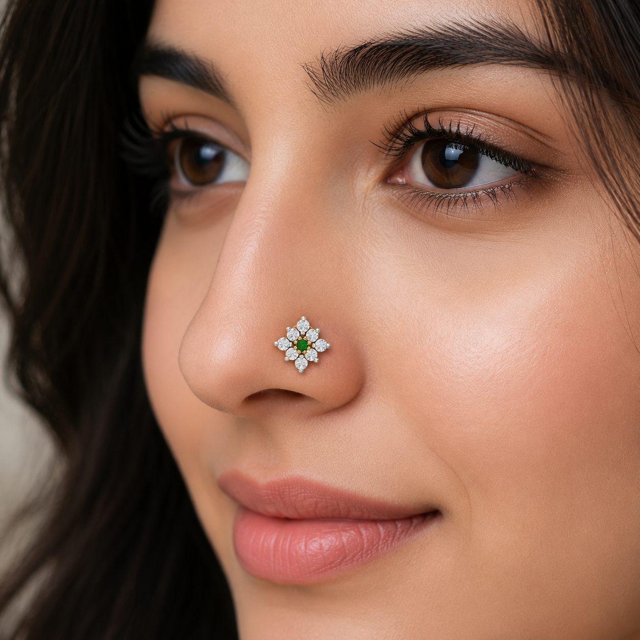 Green & White CZ Floral Nose Pin 925 Sterling Silver Yellow Plated