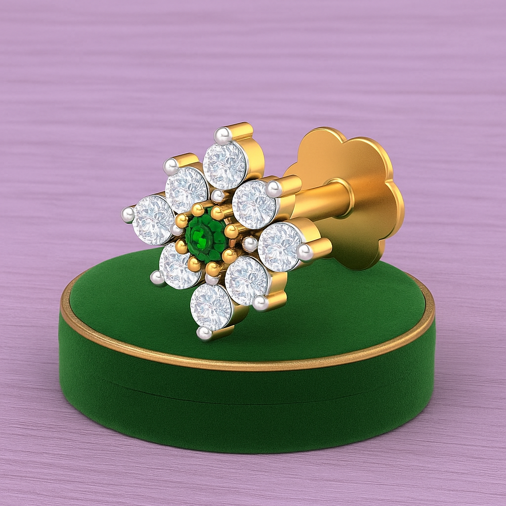 Green & White CZ Floral Nose Pin 925 Sterling Silver Yellow Plated