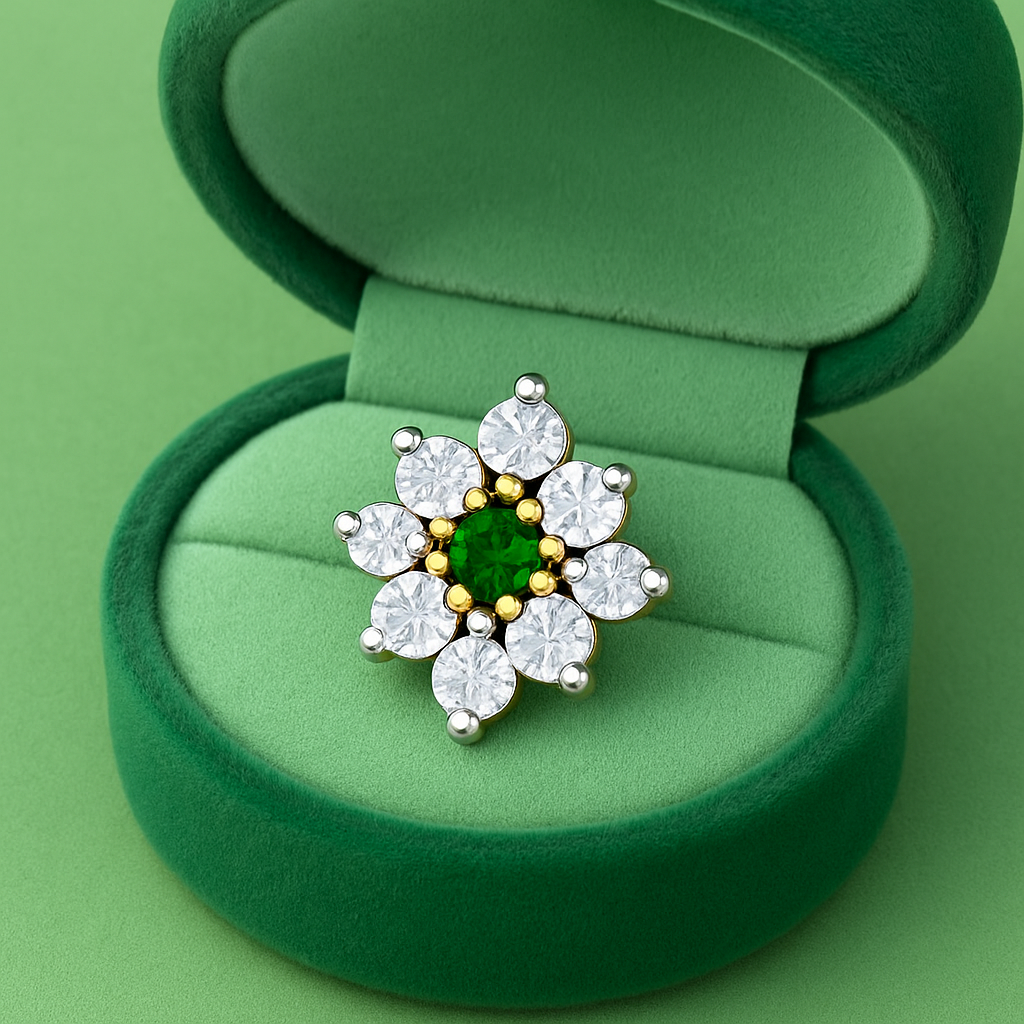 Green & White CZ Floral Nose Pin 925 Sterling Silver Yellow Plated