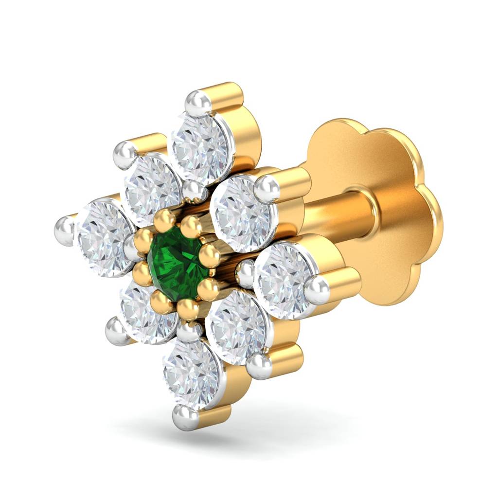 Green & White CZ Floral Nose Pin 925 Sterling Silver Yellow Plated