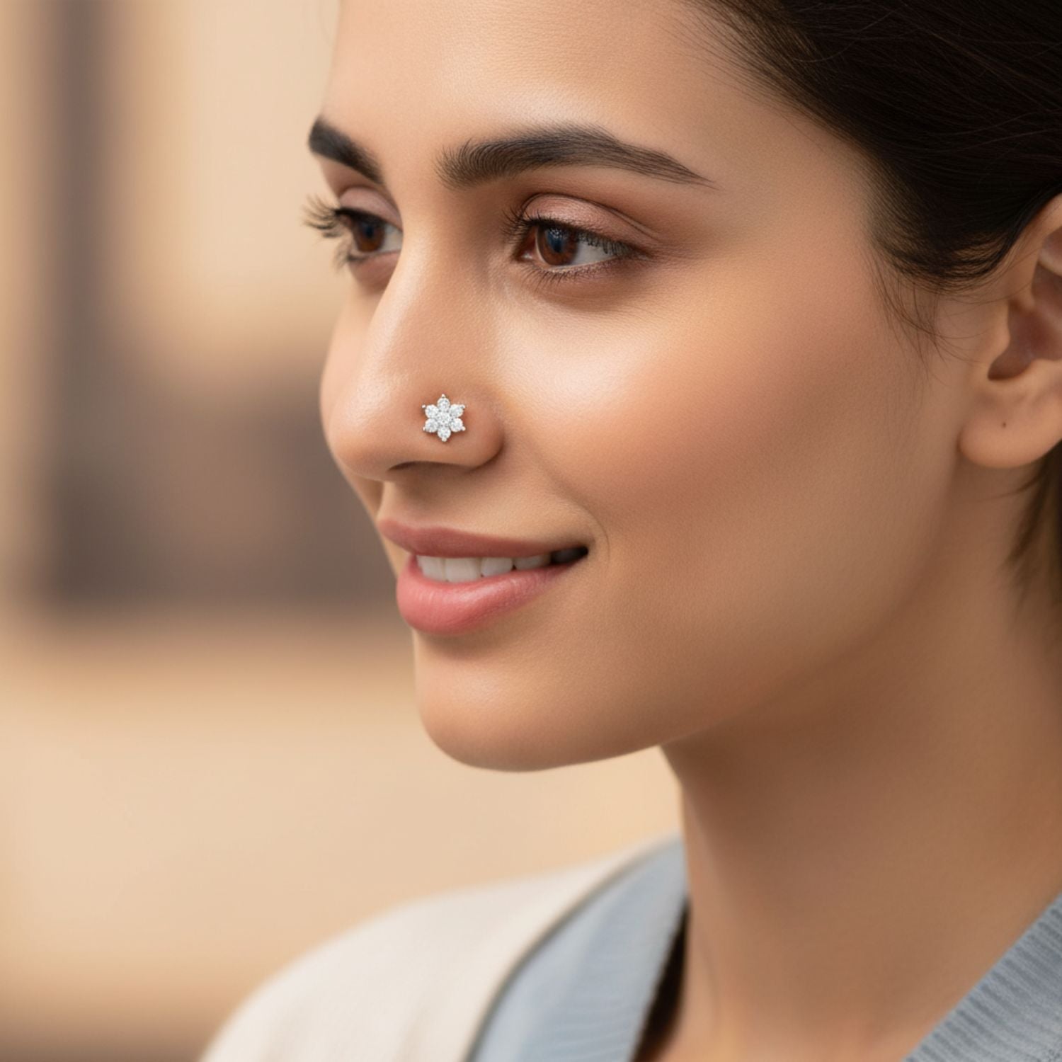 White CZ Flower Nose Pin 925 Sterling Silver Yellow Plated