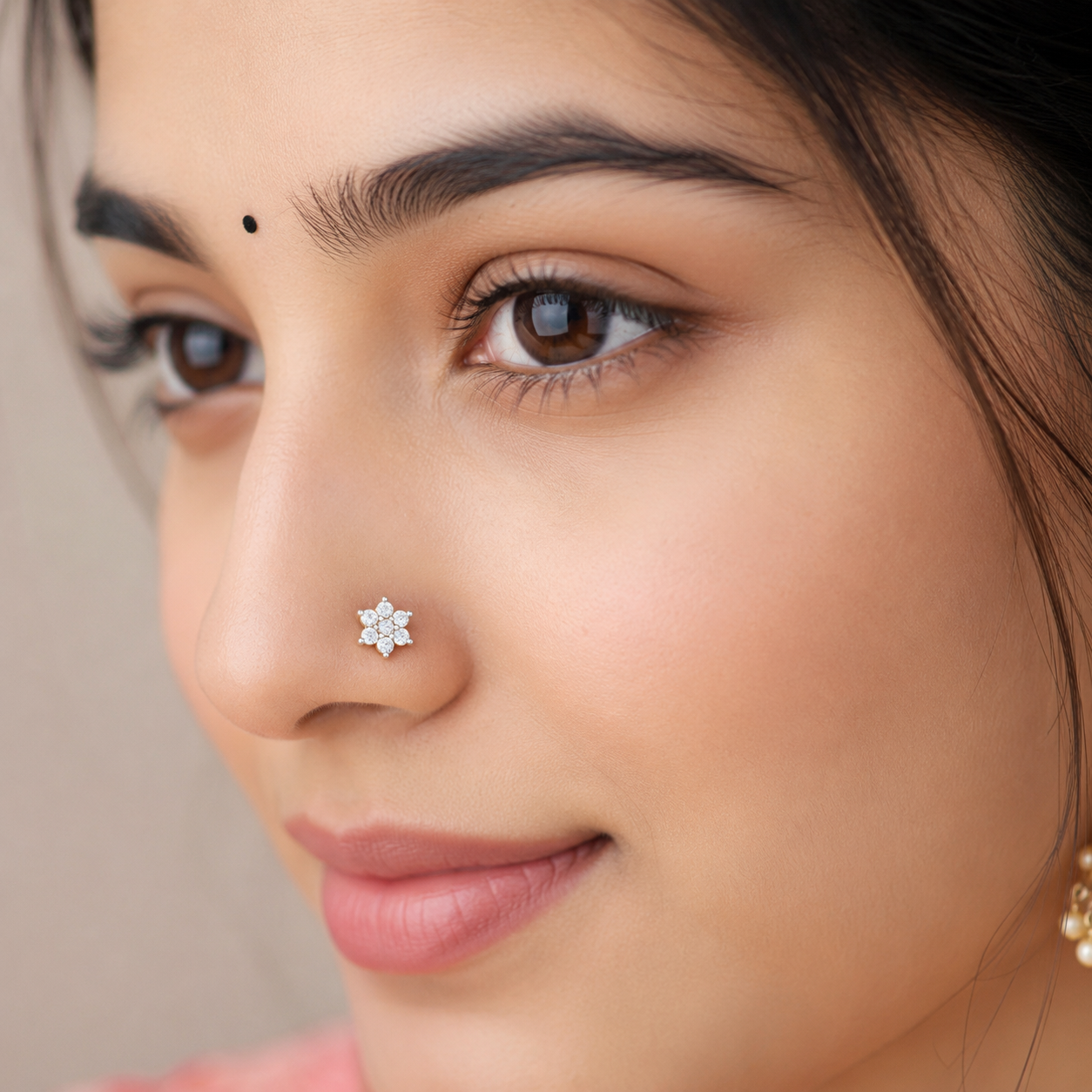 White CZ Flower Nose Pin 925 Sterling Silver Yellow Plated