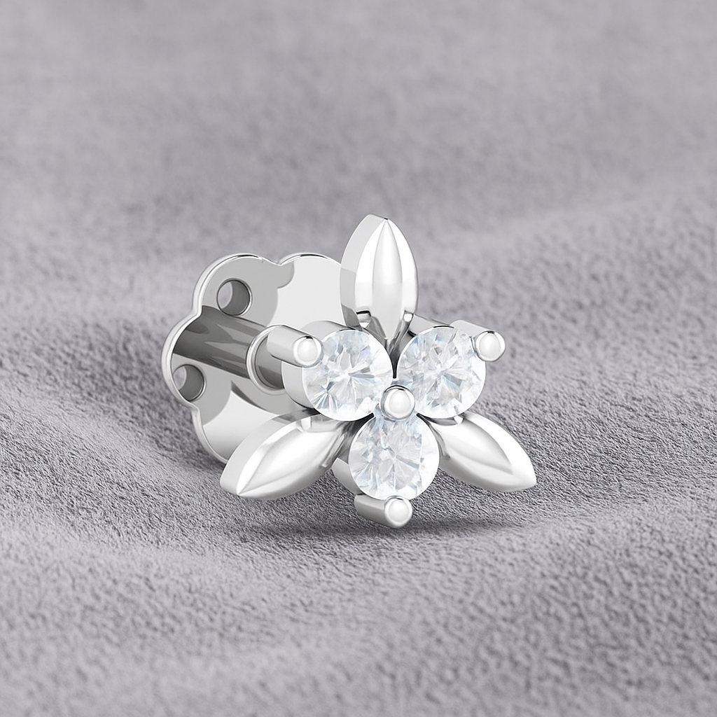 White CZ Leaf Cluster Nose Pin – 925 Sterling Silver