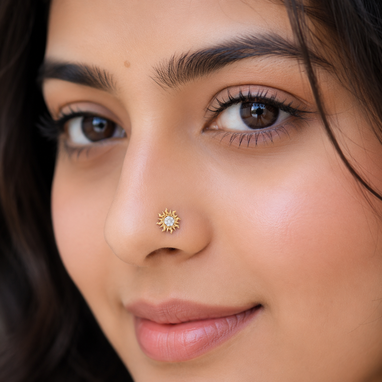 Sun Shape White CZ Nose Pin 925 Sterling Silver Yellow Plated