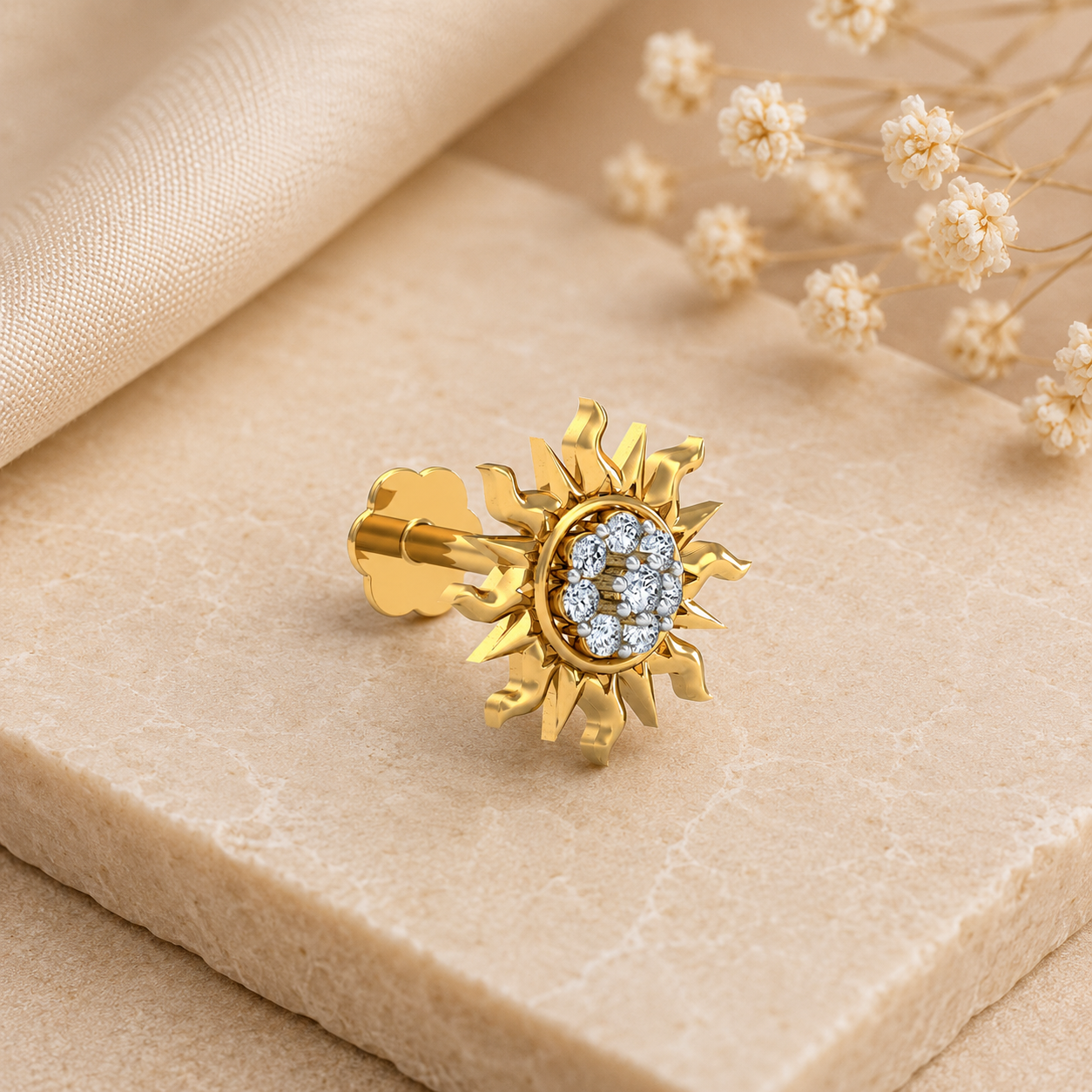 Sun Shape White CZ Nose Pin 925 Sterling Silver Yellow Plated
