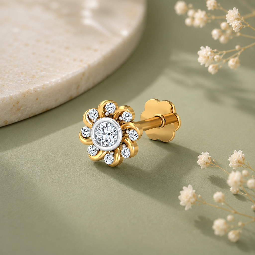 White CZ Daisy Nose Pin 925 Sterling Silver Yellow Plated