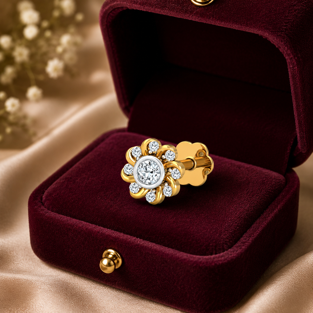 White CZ Daisy Nose Pin 925 Sterling Silver Yellow Plated