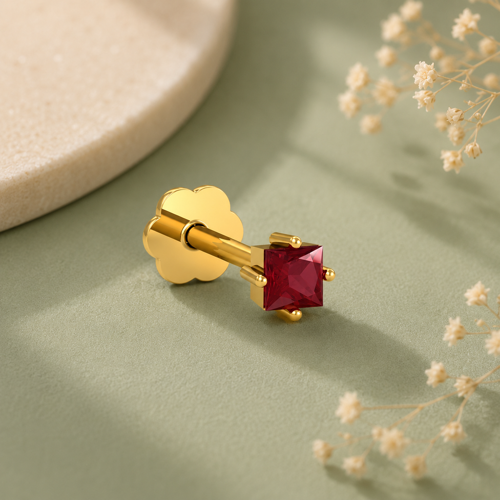 Red Square CZ Nose Pin 925 Sterling Silver Yellow Plated