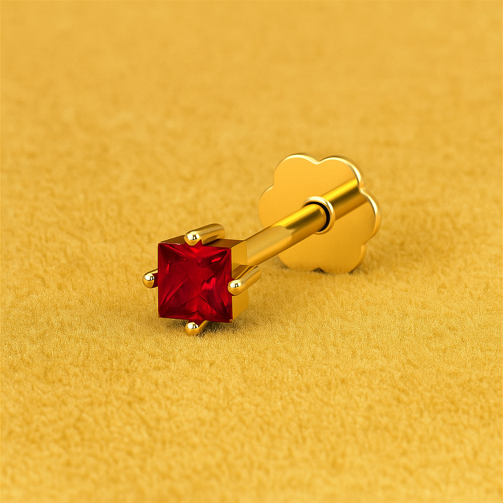 Red Square CZ Nose Pin 925 Sterling Silver Yellow Plated