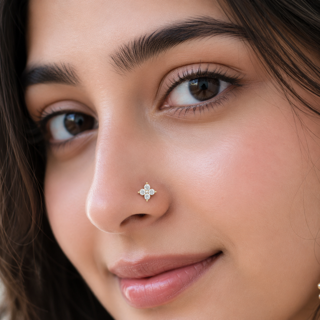 Four Stone Flower White CZ Nose Pin 925 Sterling Silver Yellow Plated