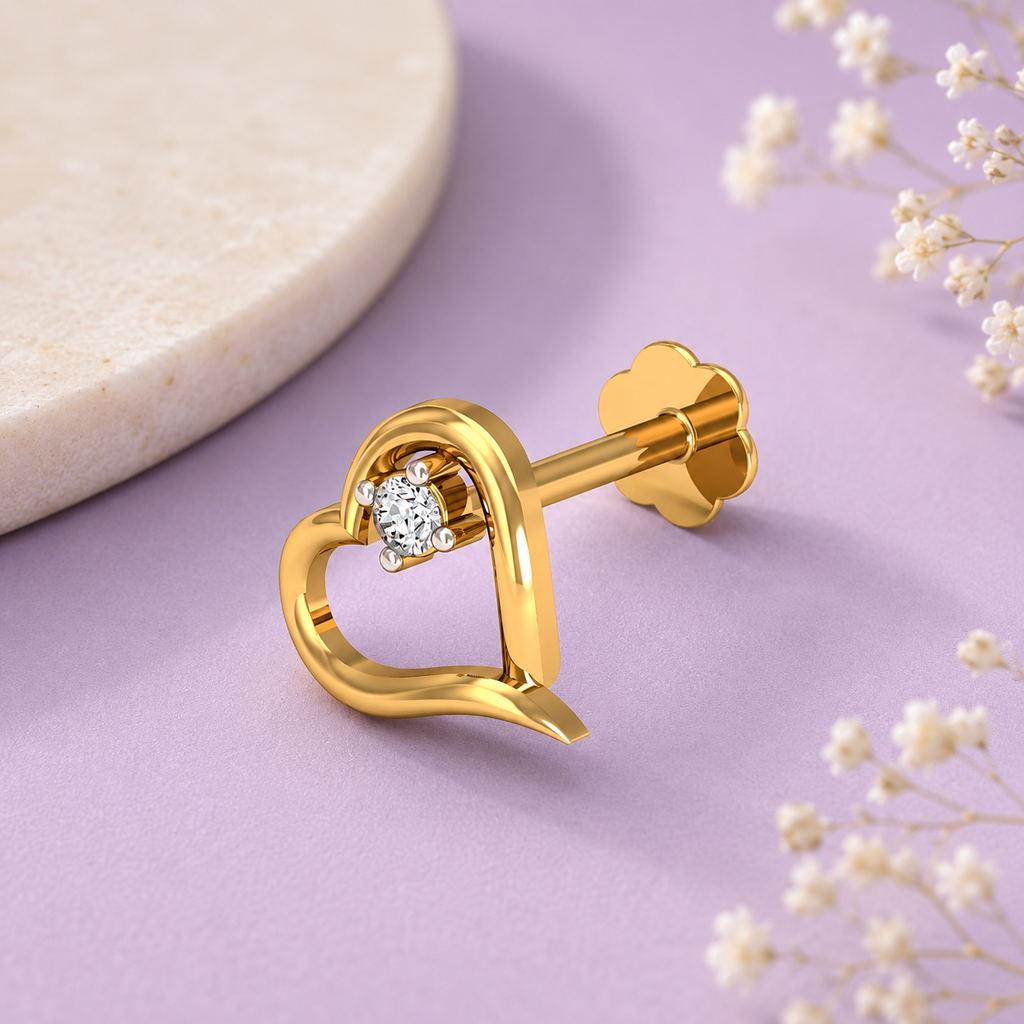 Heart Shape White CZ Nose Pin 925 Sterling Silver Yellow Plated