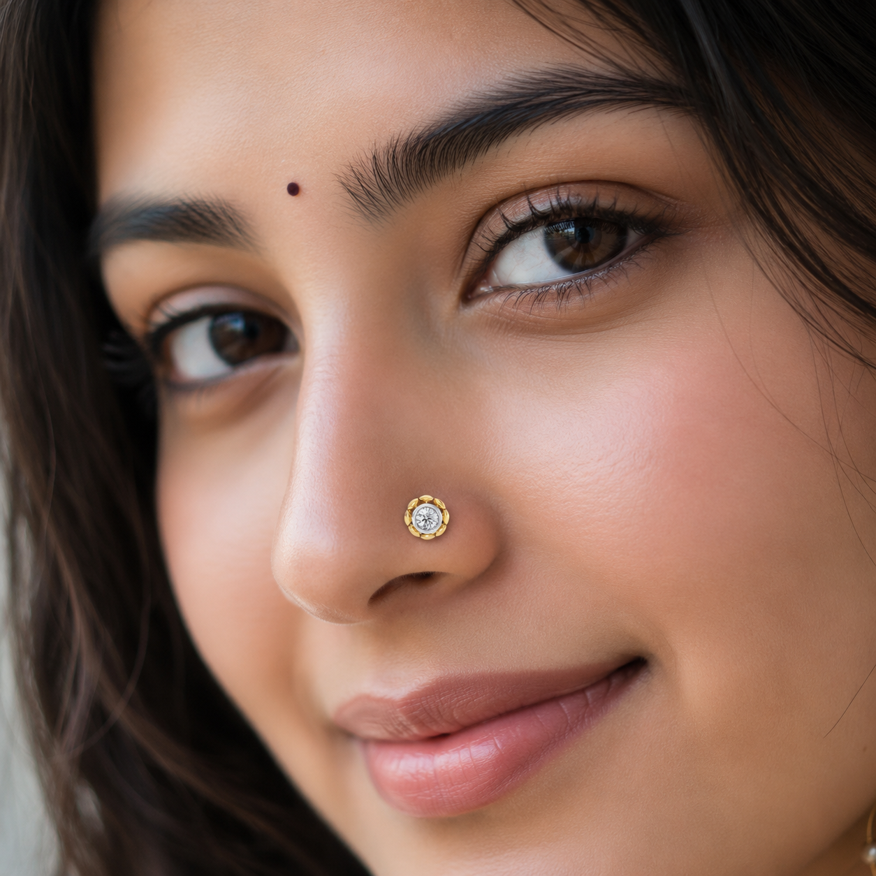 Floral Bezel-Set CZ Nose Pin 925 Sterling Silver Yellow Plated