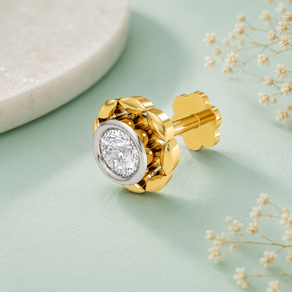 Floral Bezel-Set CZ Nose Pin 925 Sterling Silver Yellow Plated