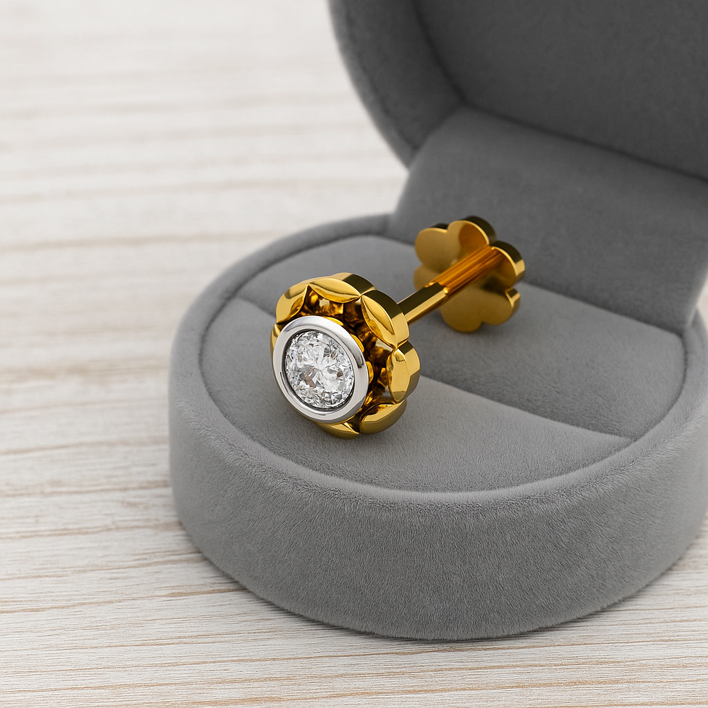 Floral Bezel-Set CZ Nose Pin 925 Sterling Silver Yellow Plated