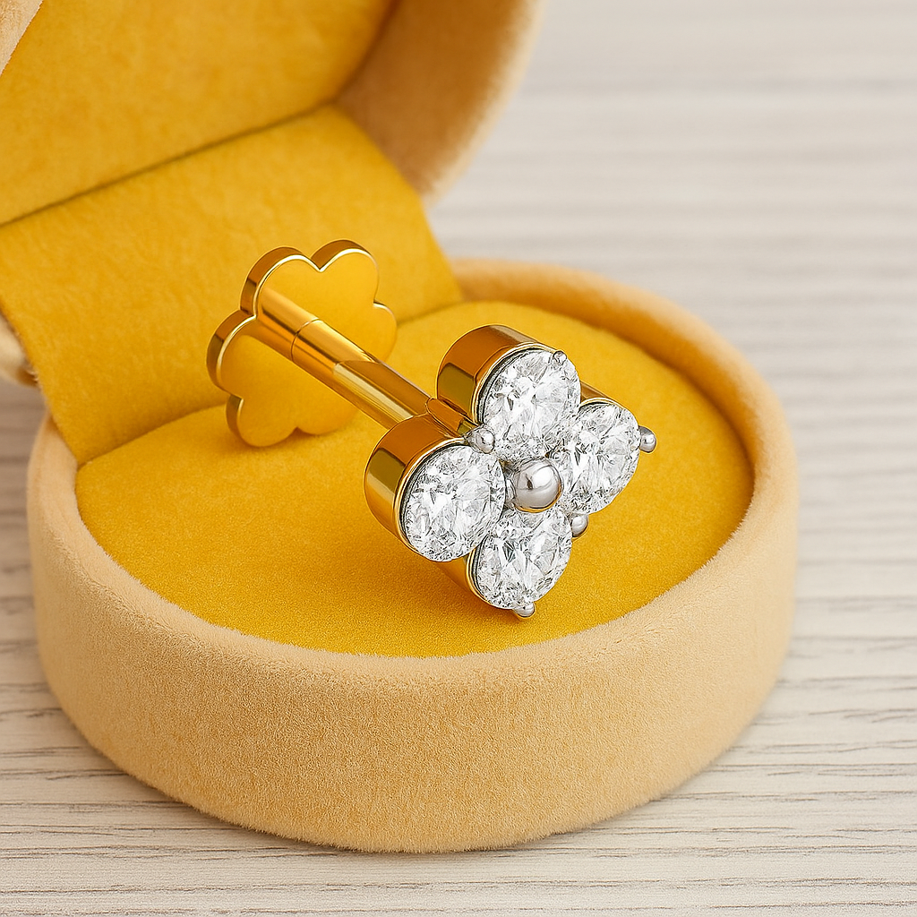 Four-Petal CZ Floral Nose Pin 925 Sterling Silver Yellow Plated