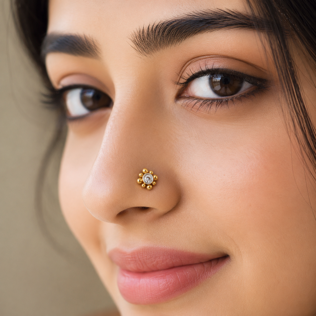 White CZ Floral Beaded Nose Pin 925 Sterling Silver Yellow Plated