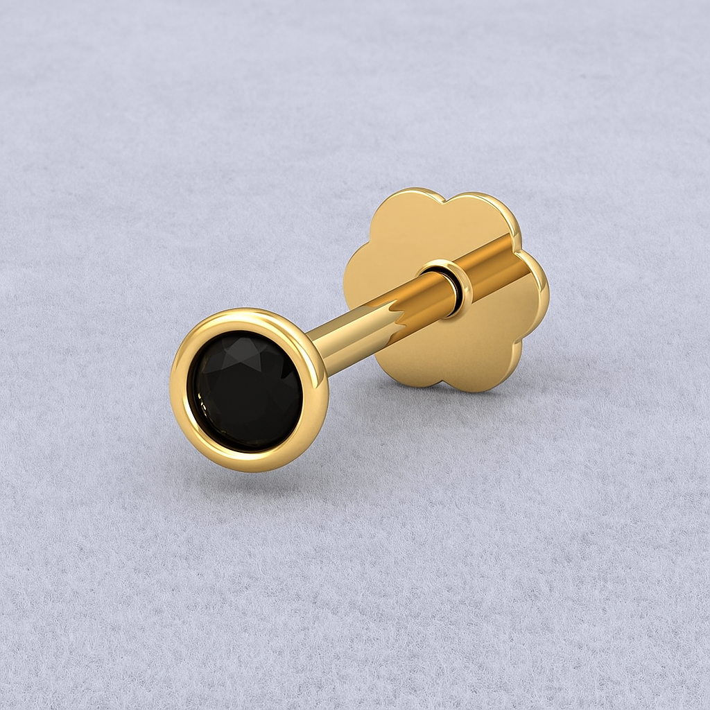 Bezel Set Black CZ Nose Pin 925 Sterling Silver Yellow Plated