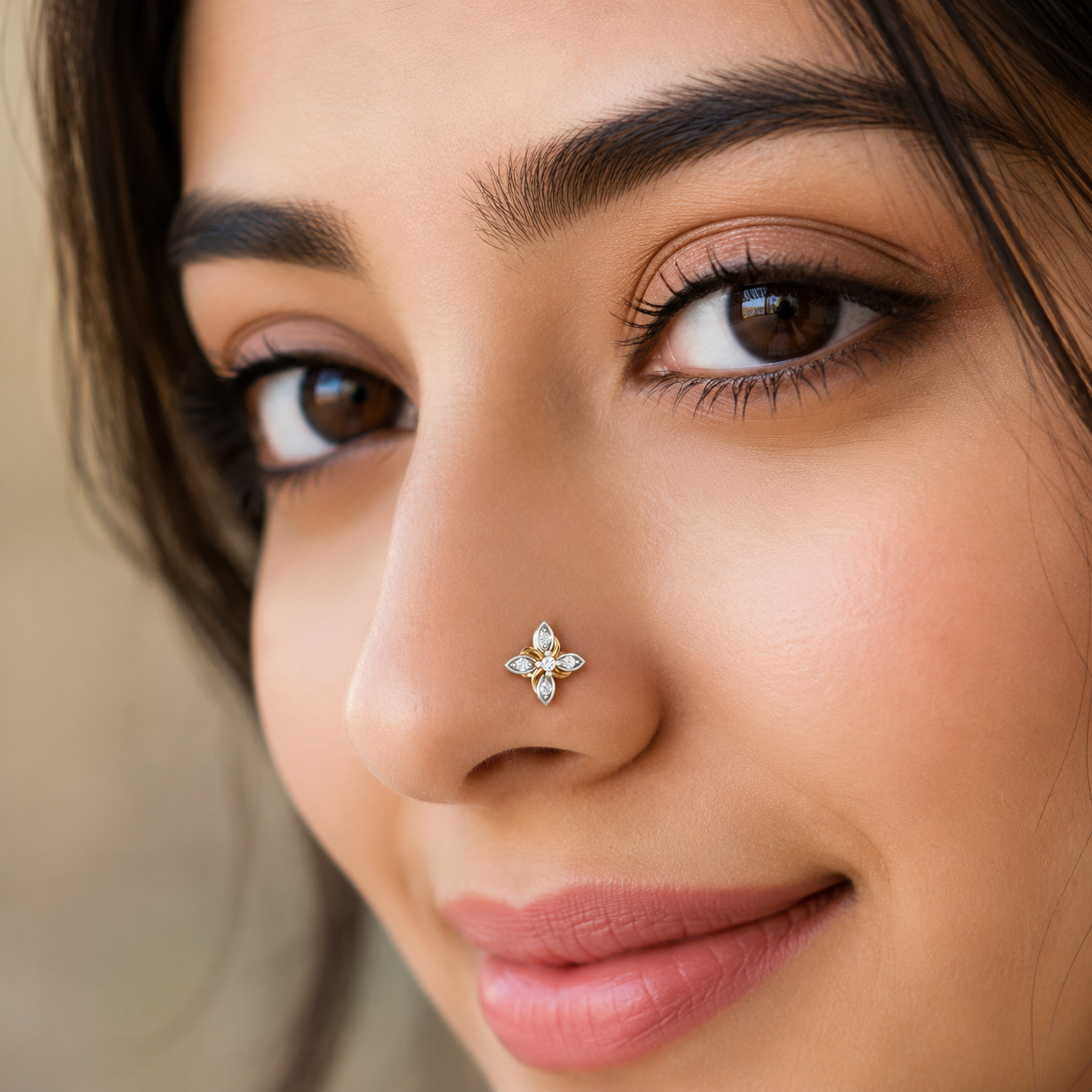 White CZ Floral Marquise Petal Nose Pin 925 Sterling Silver Yellow Plated