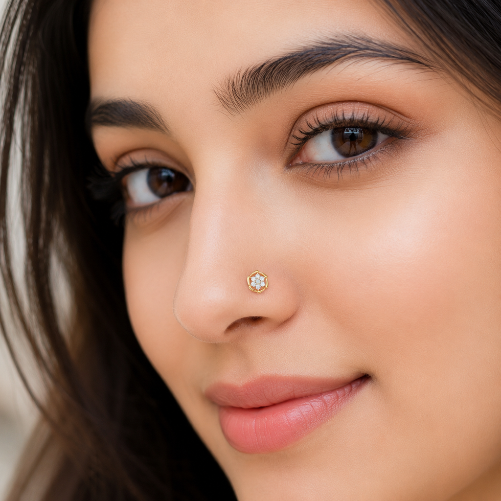 White CZ Floral Nose Pin 925 Sterling Silver Yellow Plated