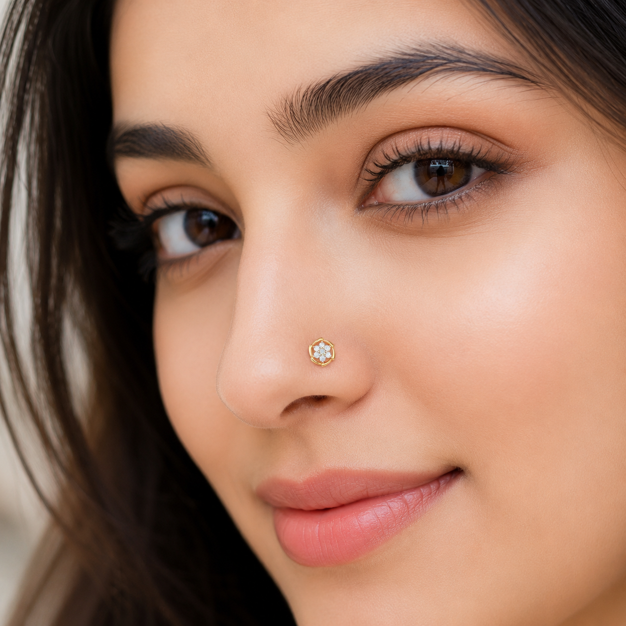 White CZ Floral Nose Pin 925 Sterling Silver Yellow Plated