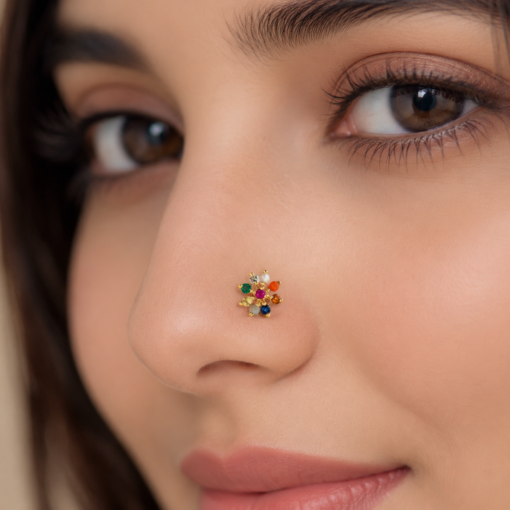 Navratna Floral Nose Pin 925 Sterling Silver Yellow Plated
