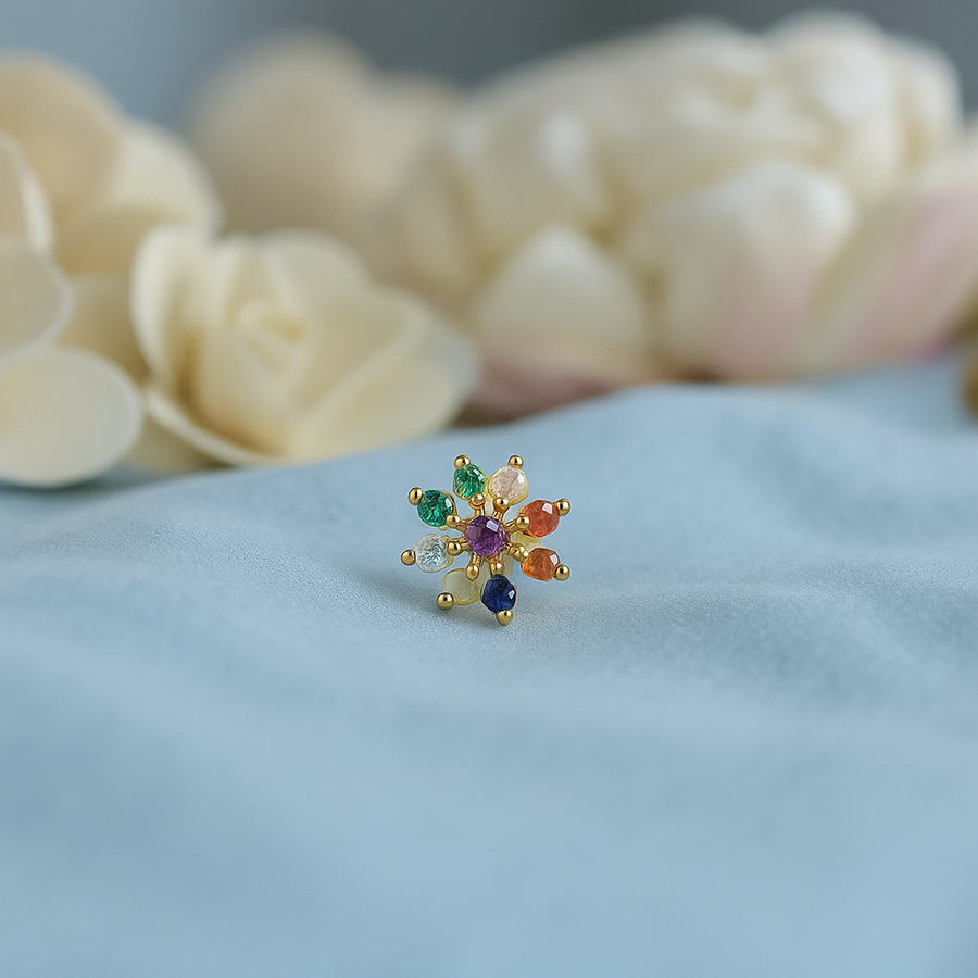 Navratna Floral Nose Pin – 925 Sterling Silver