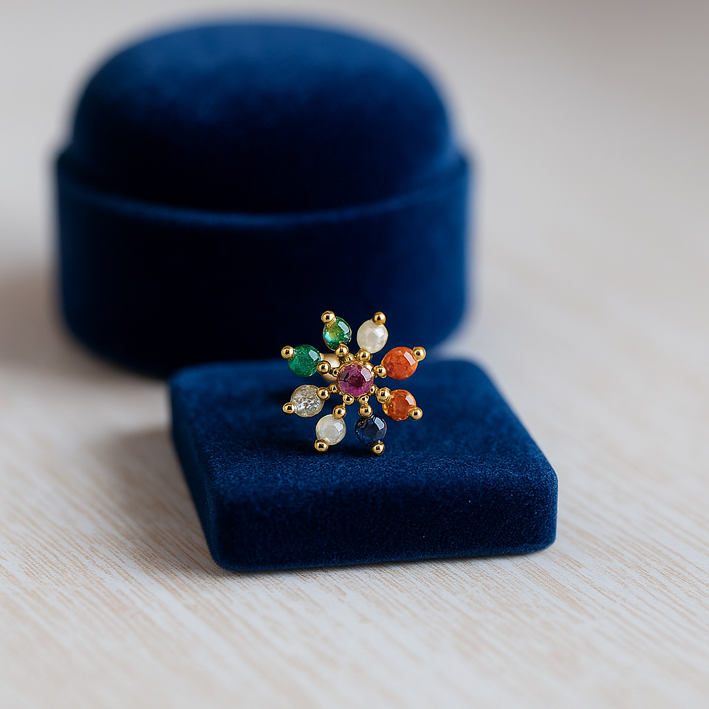 Navratna Floral Nose Pin 925 Sterling Silver Yellow Plated