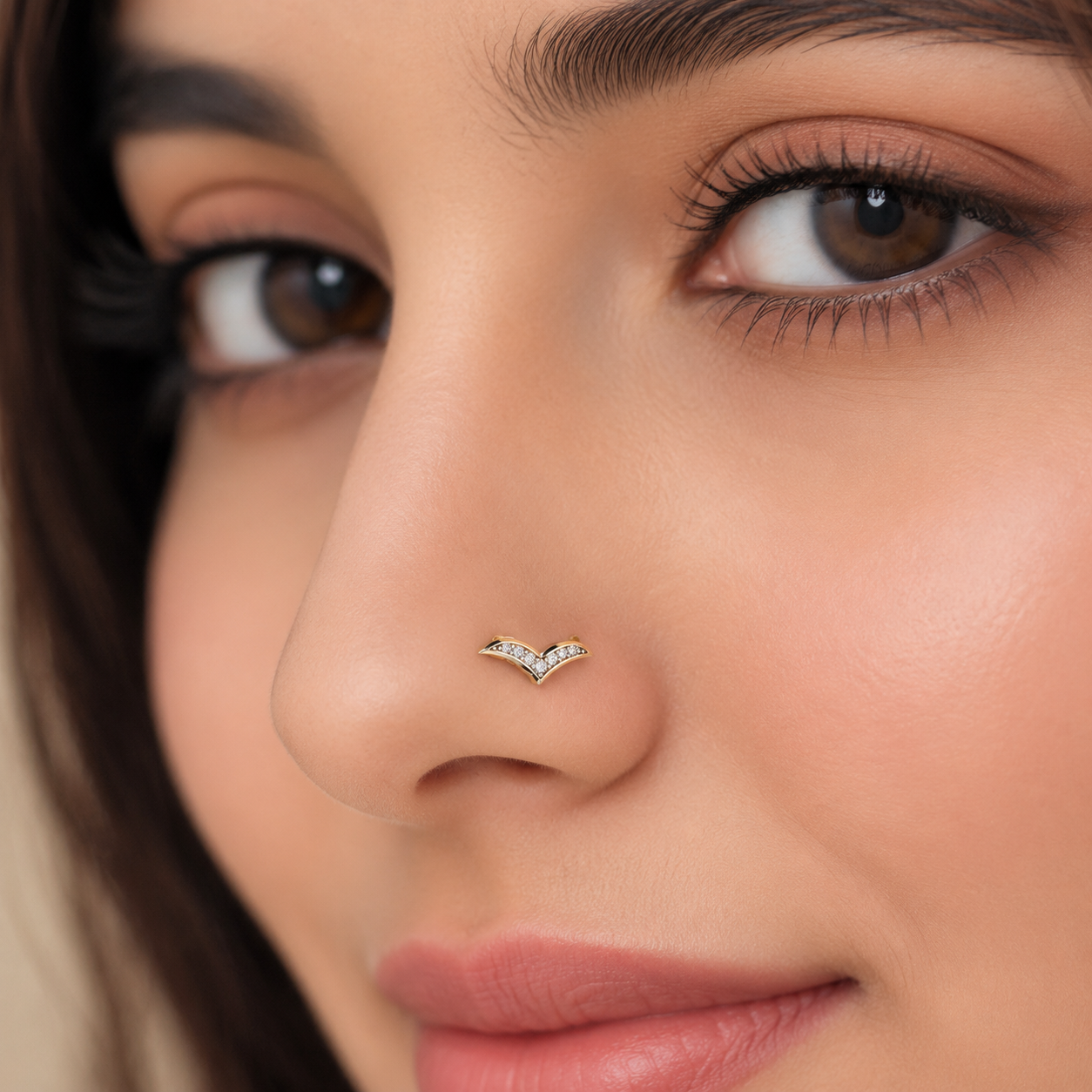 White CZ V-Shape Nose Pin 925 Sterling Silver Yellow Plated