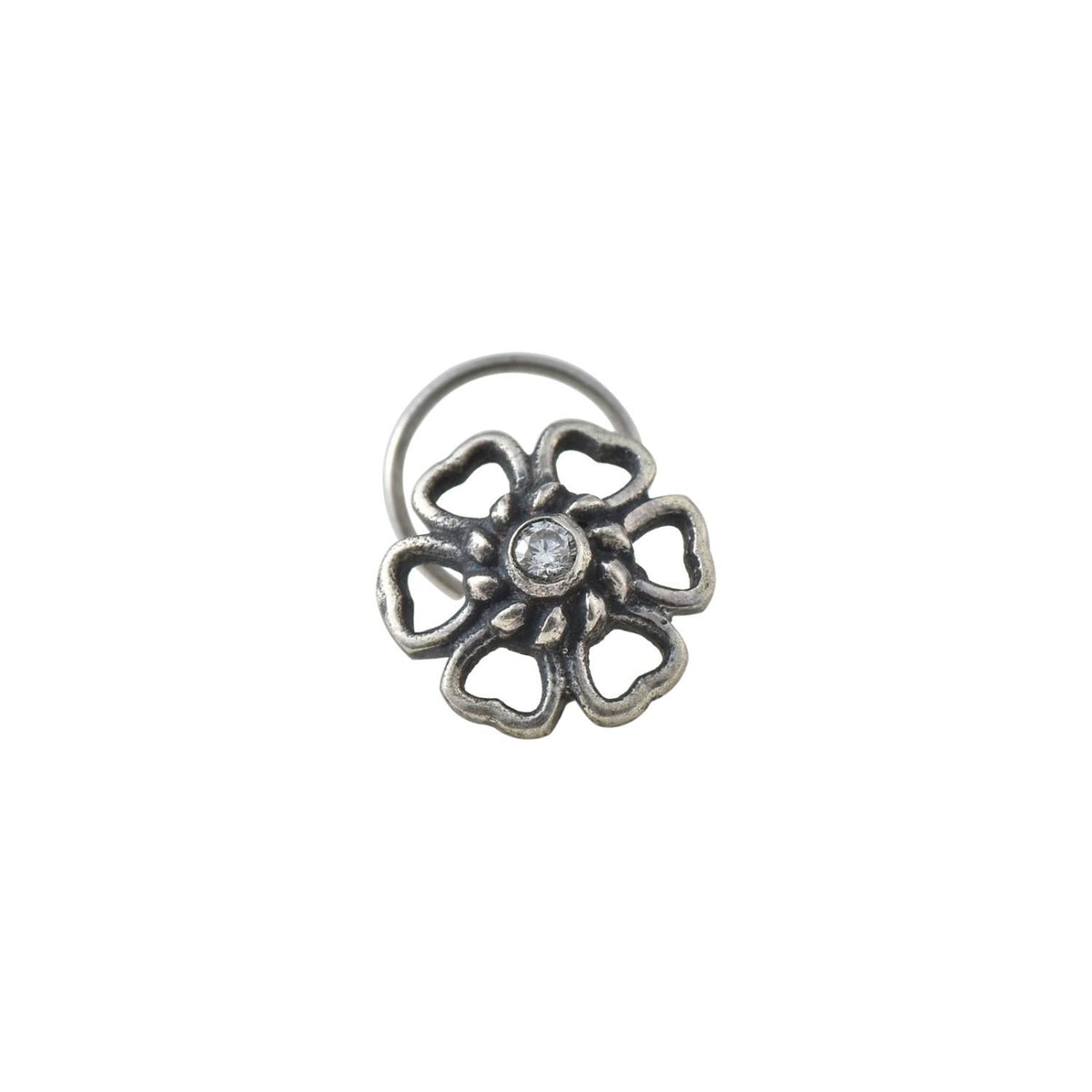 White CZ Oxidised Openwork Six-Petal Nose Pin – 925 Sterling Silver