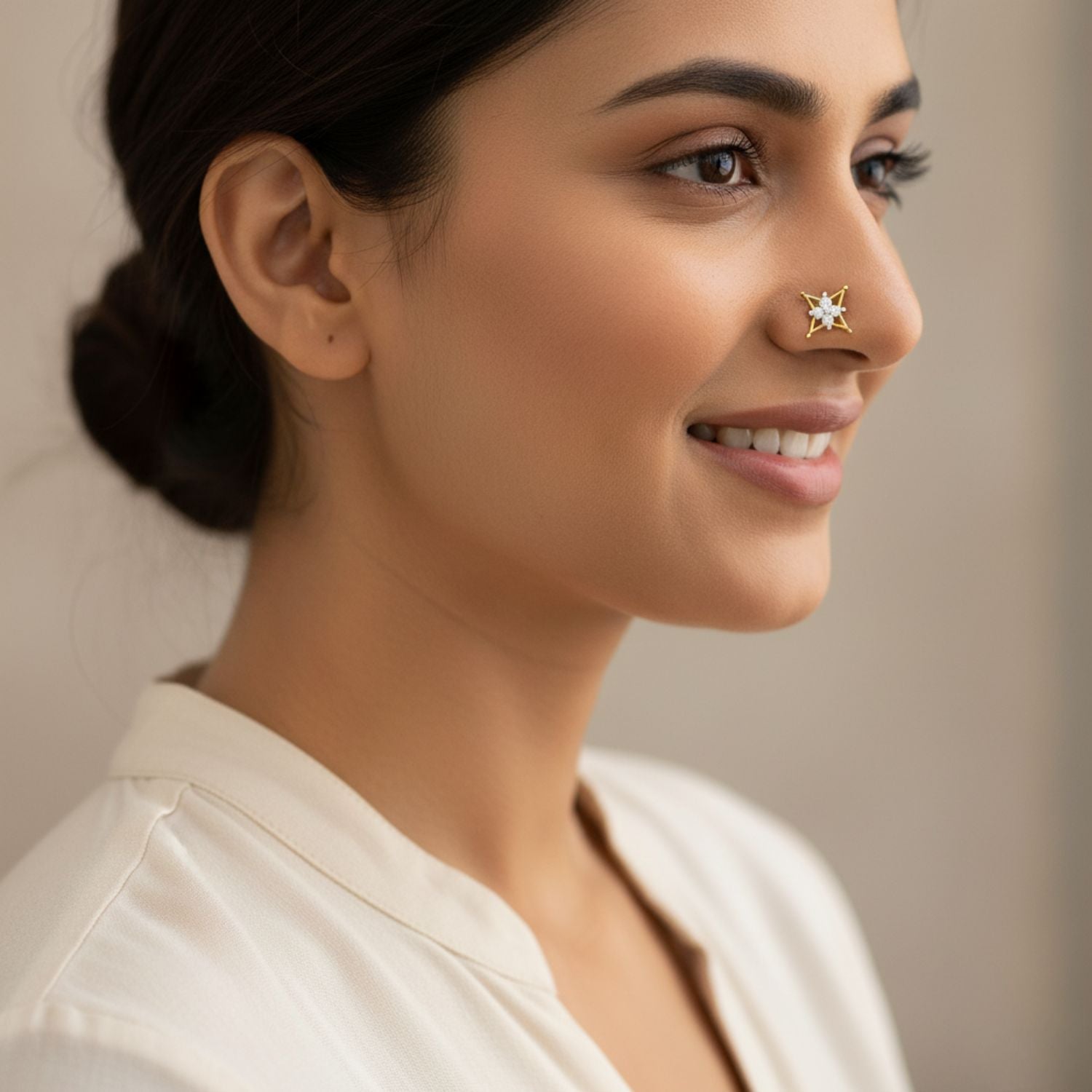 Star Design White CZ Nose Pin 925 Sterling Silver Yellow Plated