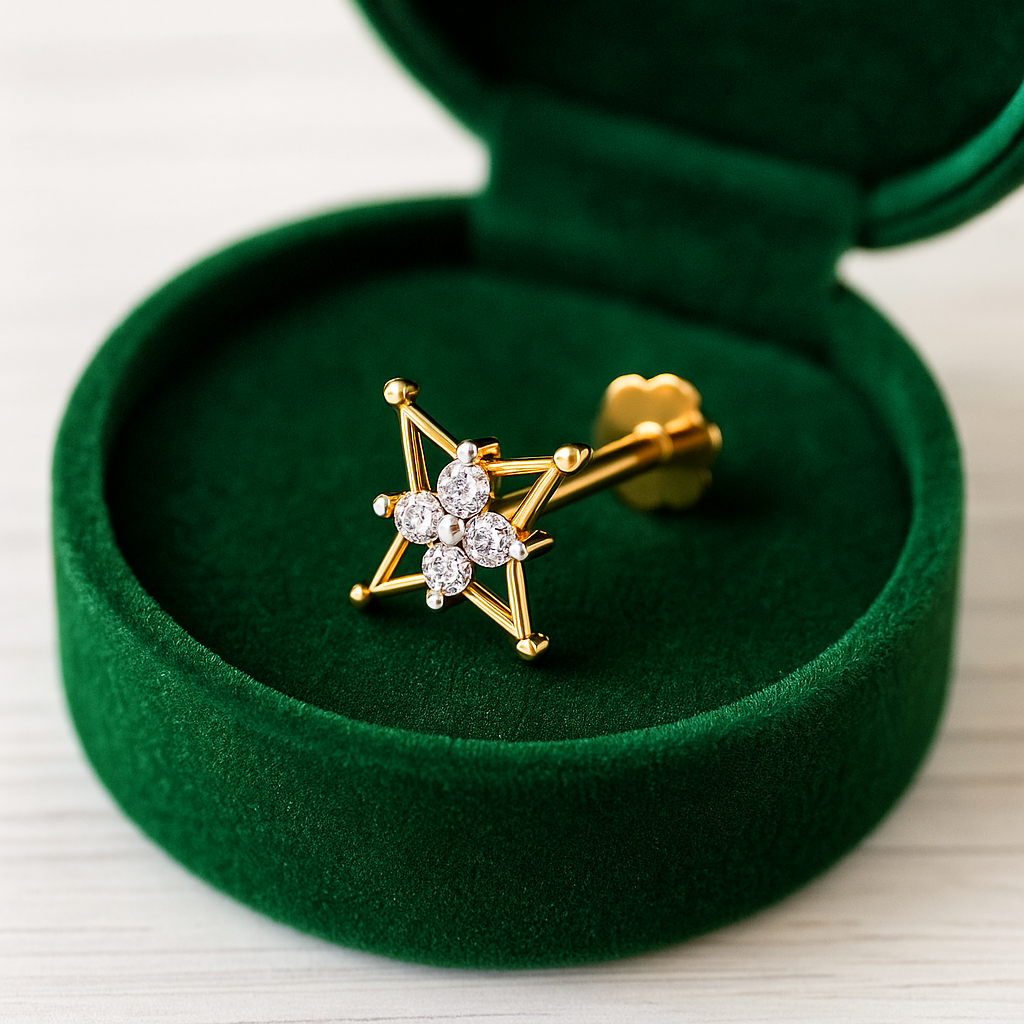 Star Design White CZ Nose Pin 925 Sterling Silver Yellow Plated