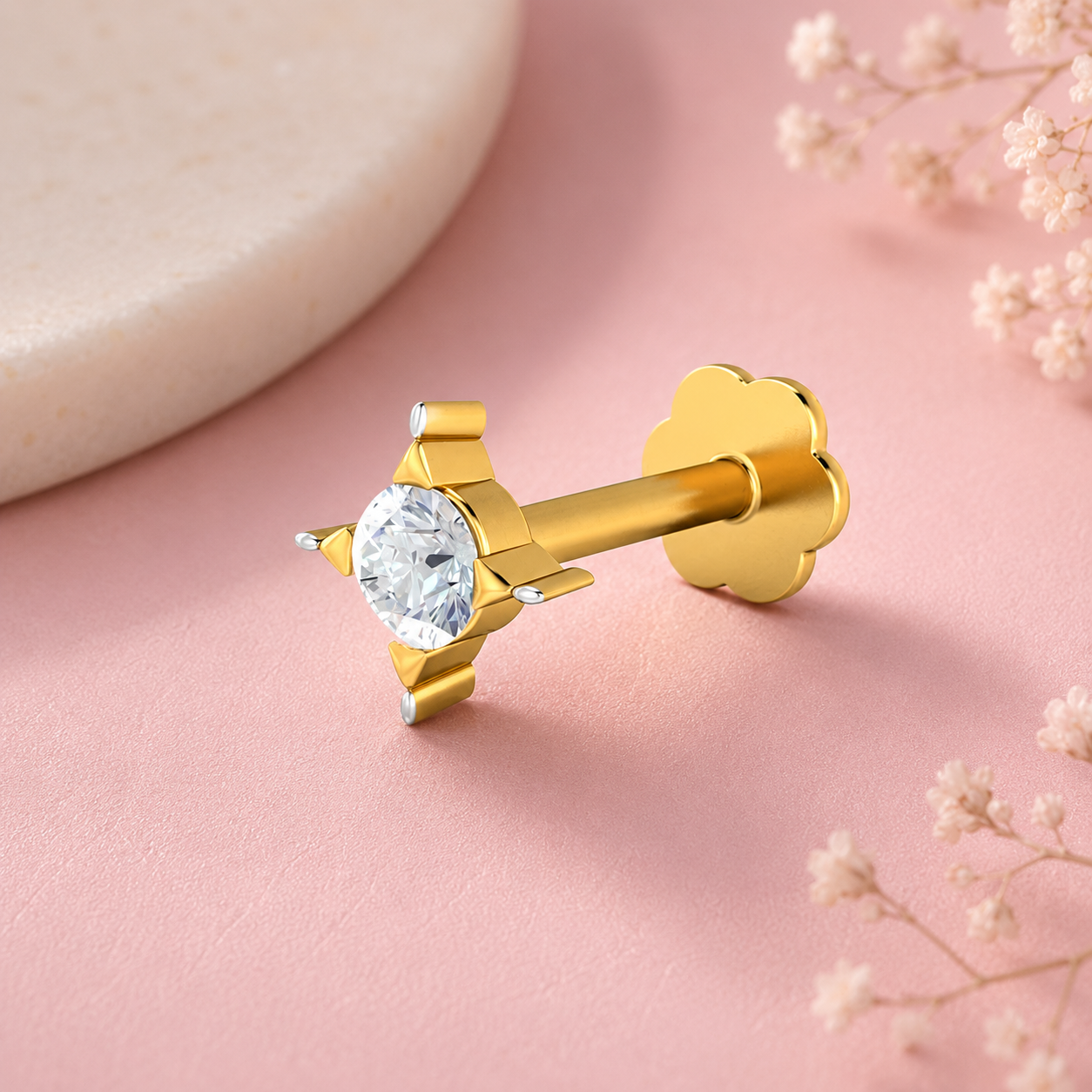 White CZ Solitaire Nose Pin 925 Sterling Silver Yellow Plated