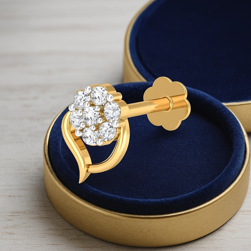 Floral White CZ Cluster Elegant Leaf Nose Pin 925 Sterling Silver Yellow Plated