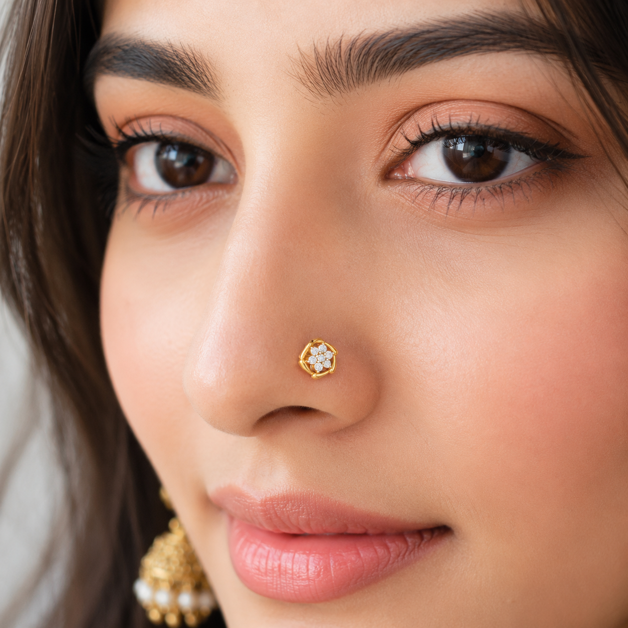Floral Cluster White CZ Nose Pin 925 Sterling Silver Yellow Plated