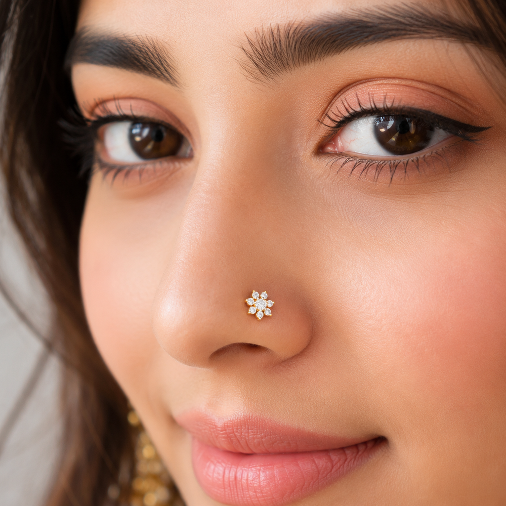Floral Cluster White CZ Nose Pin 925 Sterling Silver Yellow Plated