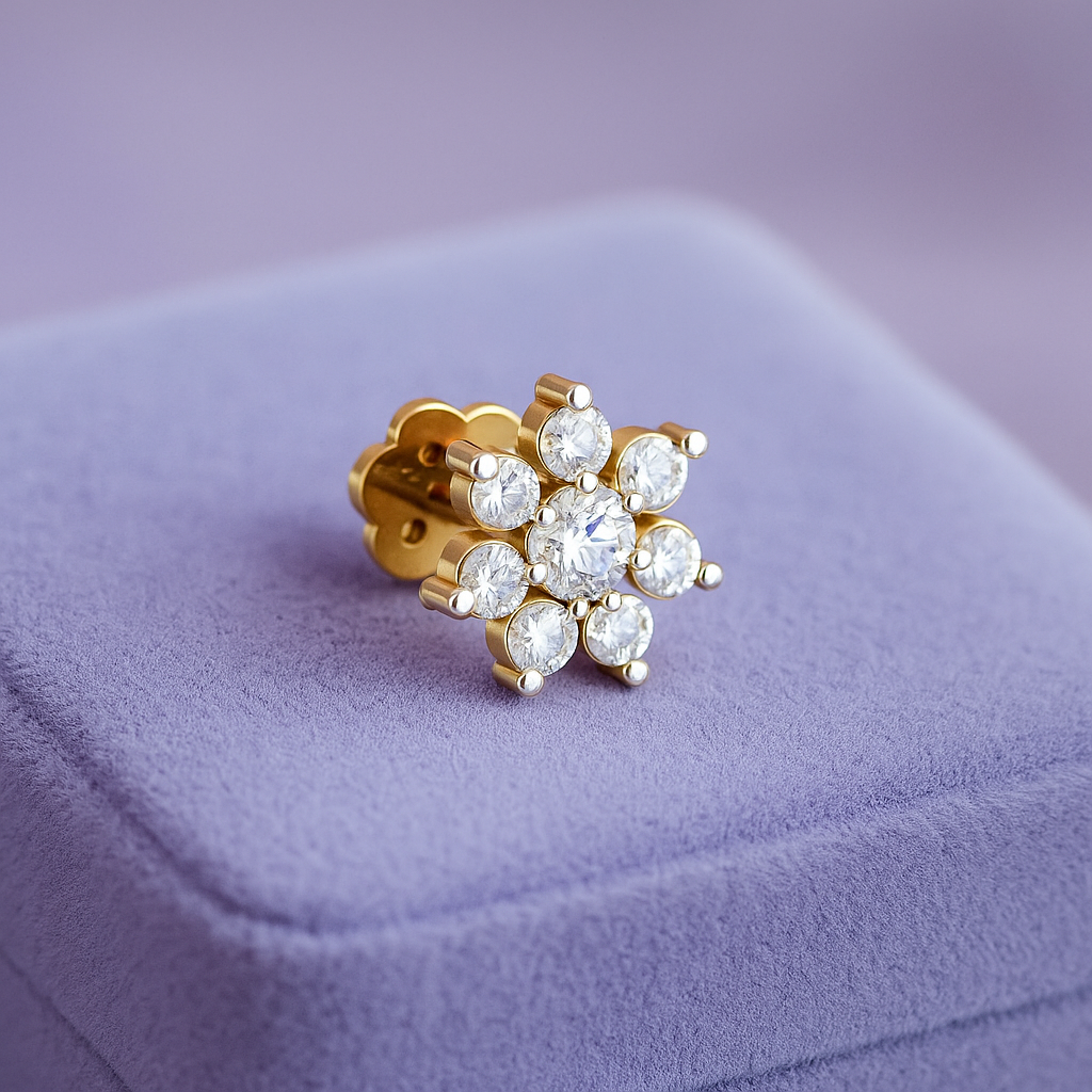 Floral Cluster White CZ Nose Pin 925 Sterling Silver Yellow Plated