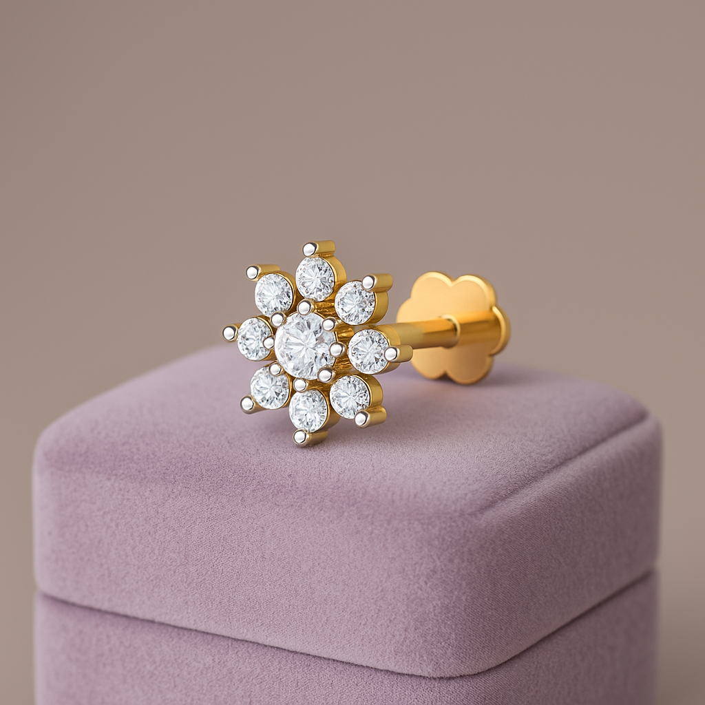 Floral Cluster White CZ Nose Pin 925 Sterling Silver Yellow Plated