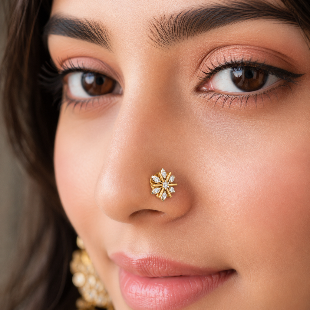 Floral  Burst White CZ Nose Pin 925 Sterling Silver Yellow Plated