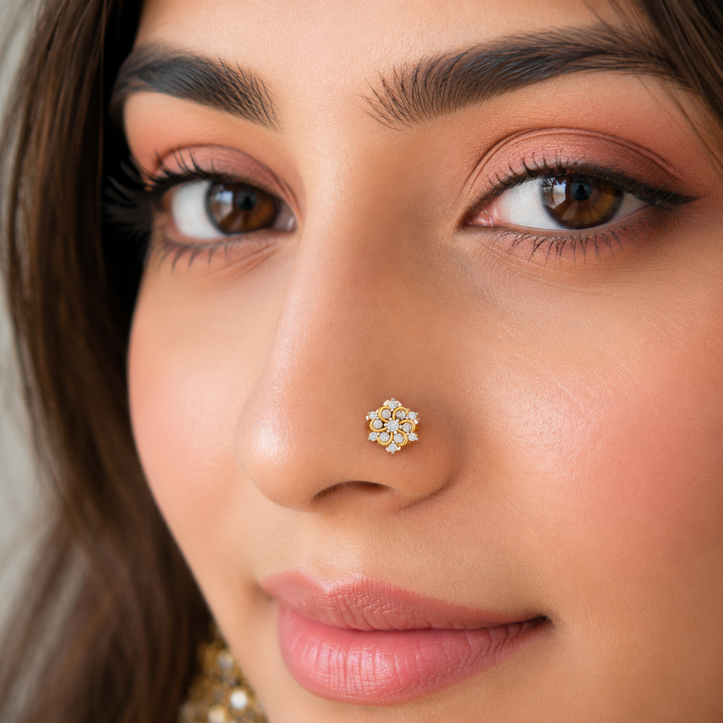 Floral Swirl CZ Nose Pin 925 Sterling Silver Yellow Plated